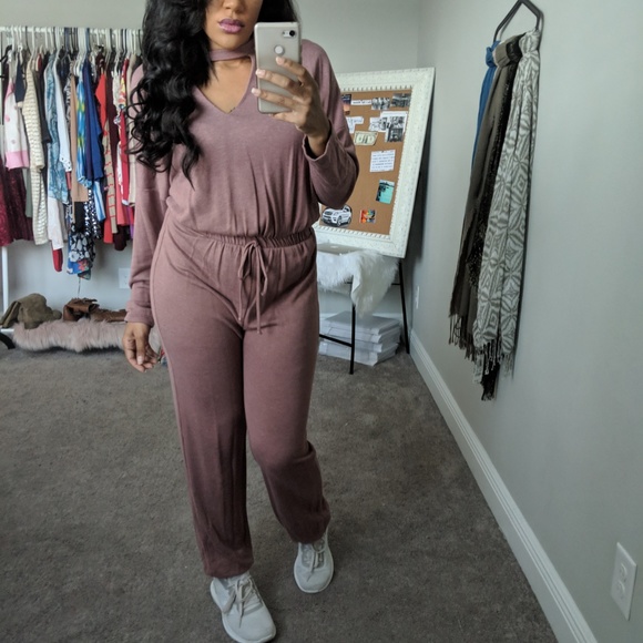 Long Sleeve Choker Jumpsuit In Muave - Picture 8 of 8